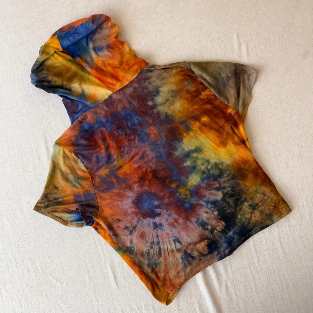 Madrag Tie Dye Short Sleeve Hoodie Multi Color Front Tie Crop Top Small - Picture 9 of 10
